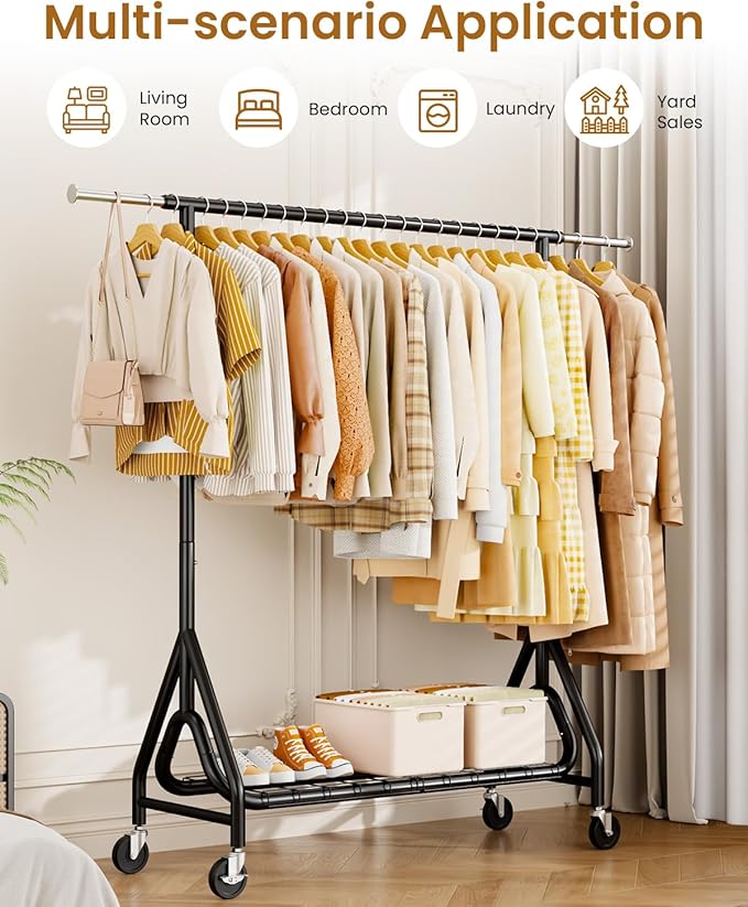 Heavy Duty Clothes Rack, Metal Clothing Rack Load 450 LBS, Rolling Coat Racks for Hanging Clothes with Lockable Wheels, Wardrobe Closet Garment Racks for Bedroom, Black