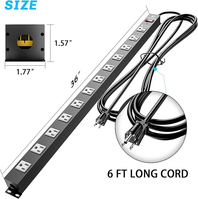 12 Outlet Surge Protector Metal Power Strip, 1800J Mountable Power Outlet, Heavy Duty Workshop Metal Power Strip for Commercial, Industrial, School and Home,15A 125V 1875W (6FT)