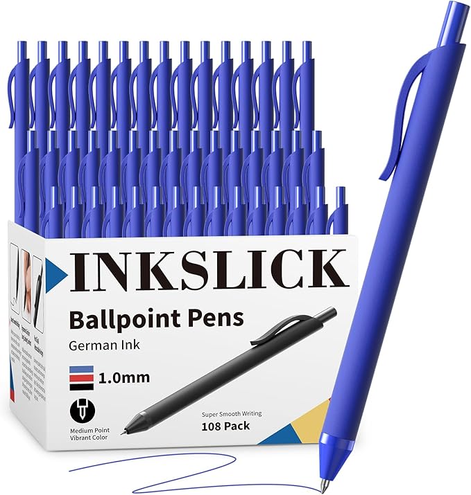 108 Pack Blue Pens - Bulk Pens 1.0mm Medium Point Ballpoint Pens Smooth Writing No Bleed Retractable Blue Ink Pen