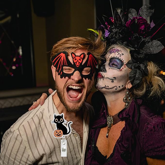 Halloween Badge Reels Retractable ID Name Badge Holder Cute Black Cat with Pumpkin Acrylic Badge Clip with Alligator Clip for Nurses Doctors Office Worker Social Worker Student Supplies