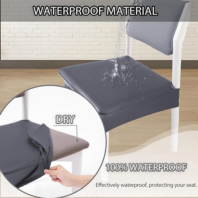 CWK Waterproof PU Leather Dining Chair Covers Set of 2-Stretchable Chair Seat Slipcovers, Removable & Washable Protector for Dining Room,Home,Office,Wedding,Rear Covers (PU-Grey)