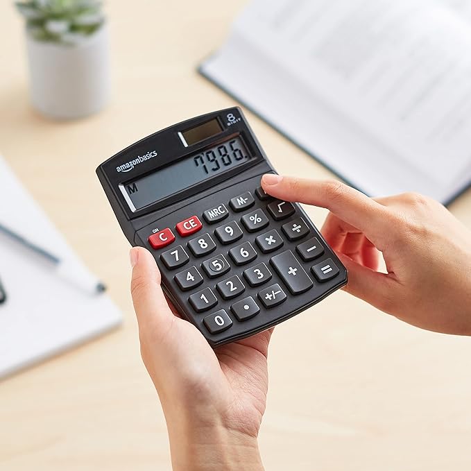 Amazon Basics LCD 8-Digit Desktop Calculator, Portable and Easy to Use, Black, 5-Pack