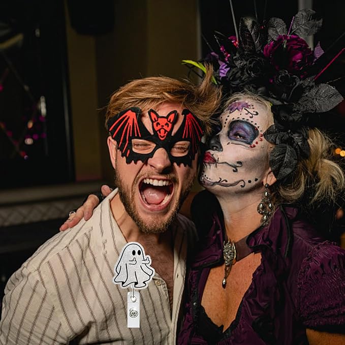 Halloween Badge Reel Funny Middle Finger Ghost Designs Cute Glitter Spooky Acrylic ID Clip Badge Holder with Alligator Clip for Nurse Nursing RN CNA LPN Medical Worker & Office Staff Gift