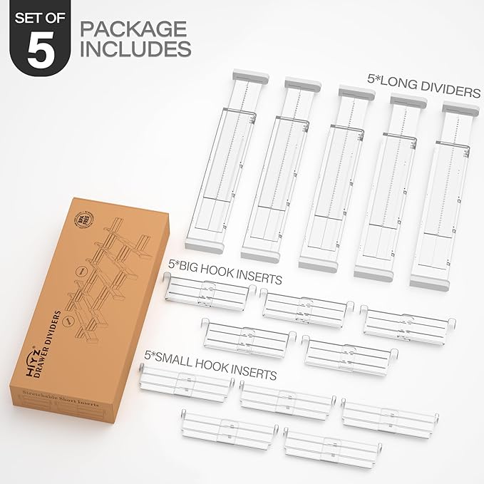 HiYZ Expandable Drawer Dividers with Inserts - Adjustable Drawer Organizers Separators for Kitchen, Bedroom, Dresser, Office, 8 Long Dividers(12.6-22.8 IN) with 10 Inserts(3.9-7.1 IN) - Clear