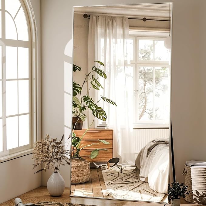 GLSLAND 76"x34" Full Length Mirror Extra Large Hanging or Leaning Rectangle Mirror Aluminum Alloy Thin Frame Bedroom Floor Dressing,Silver