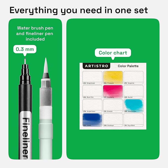 ARTISTRO 12 Watercolor Markers with Flexible Paint Brush Pens for Pros & Beginners - Consistent, Smooth, Bright, Washable, Non-Toxic, Ideal for Coloring, Calligraphy, & Manga