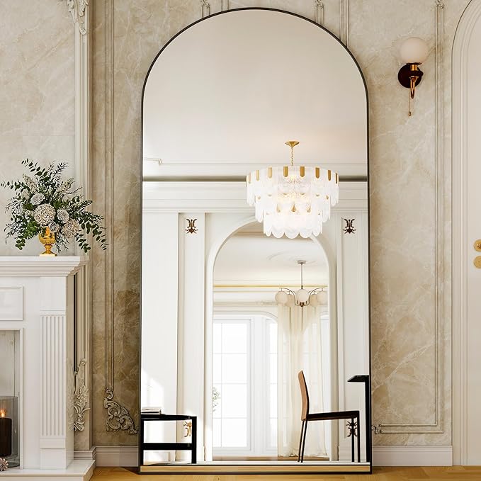 GLSLAND-38x77 inch Arched Full Length Mirror - Floor Mirrors Aluminum Alloy Frame Full Body Dressing Mirror for Bedroom Living Room,Black