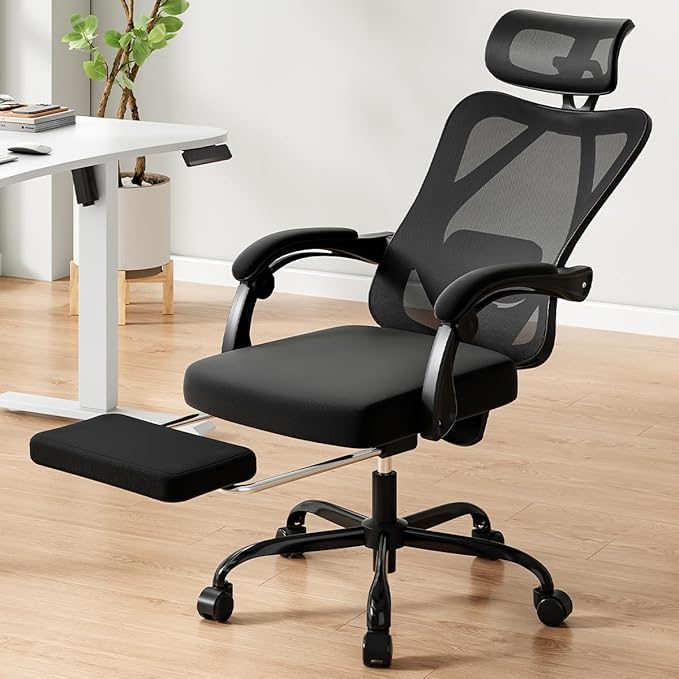Farini Ergonomic Office Chair with Footrest, Mesh Office Desk Chair with Headrest, High Back Computer Chair with Adjustable Lumbar Support.for Home Office Study Room Bedroom (Black)