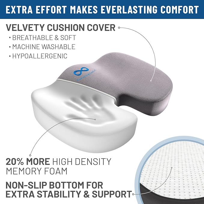 Everlasting Comfort Doctor Recommended Memory Foam Seat Cushion for Office Chairs & Car Seat - Ergonomic Office Desk Accessories for Tailbone Pain Relief, Sciatica & Back Support