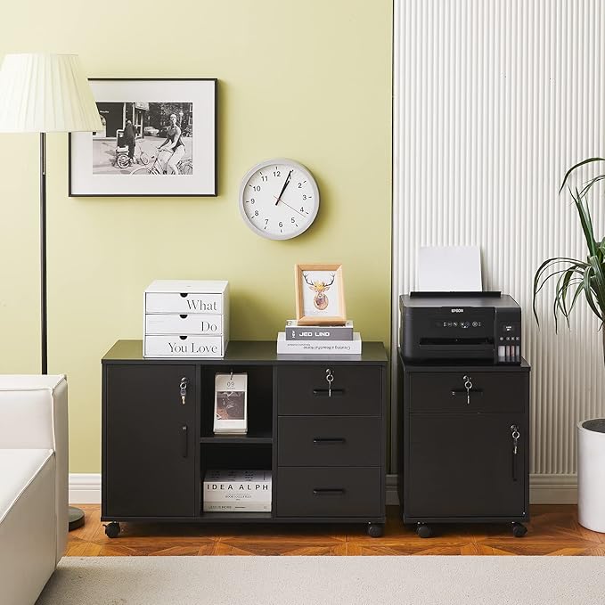 CLIPOP Rolling Storage Cabinet with Drawer, Home Office Cabinet with Lock, Under Desk Storage Cabinet for Home Office, Black