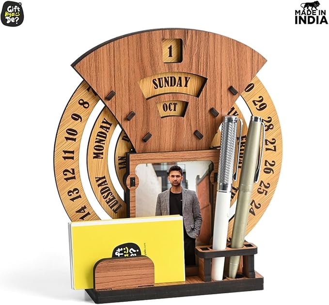 GKD Calendar To Lifetime, Calendar With Desk Organizer And Photo Frame For Office, Home Decor, Corporate Gifts (Dark Wood Eco Friendly)