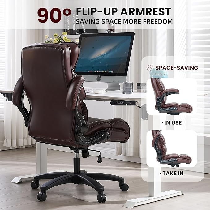 Big and Tall Office Chair 500lbs Wide Seat Executive Office Desk Chair High-Back Office Task Chair with Flip-Up Armrest, Ergonomic Lumbar Support Computer Office Chairs for Heavy People(Brown)
