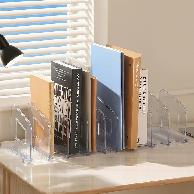 File Organizer, Acrylic File Folder Organizer File Sorter, Plastic Vertical Book Dividers for Magazine Mail Letter Paper, Desktop Organizers for Office, Classroom & Home(4 Sections, 2 Pack)