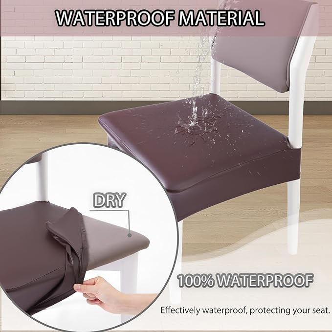 CWK Waterproof PU Leather Dining Chair Covers Set of 4-Stretchable Chair Seat Slipcovers, Removable & Washable Protector for Dining Room,Home,Office,Wedding,Rear Covers (PU-Coffee)