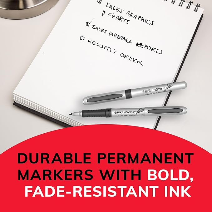 BIC Intensity Blue Permanent Markers, Ultra Fine Point, 12-Count Pack of Blue Markers With Non-Slip Grip for Comfort and Control