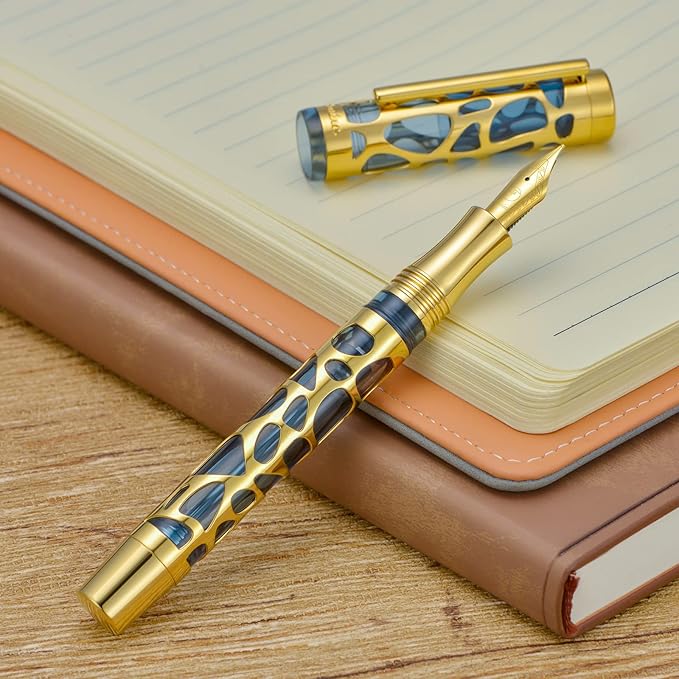 Asvine V169 Vacuum Filling Fountain Pen Extra Fine Nib, Water Drop Skeleton Gold Trim Transparent Gray Blue Acrylic Pen Case Set