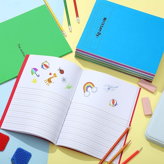 Henoyso 12 Pcs 120 Pages Primary Composition Notebooks K-2 9 3/4 x 7 1/2 Inch Journals Primary Journals Blank Books for Kids to Write Stories Kindergarten (Red,Green,Blue,Purple)