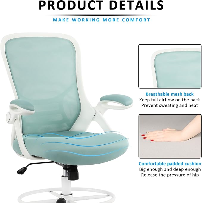 HYLONE Drafting Chair Tiffany Blue, Tall Office Chair Standing Desk Stool with Adjustable Height, Foot Ring, Flip-Up Arms, Mesh High-Back Office Chair, White