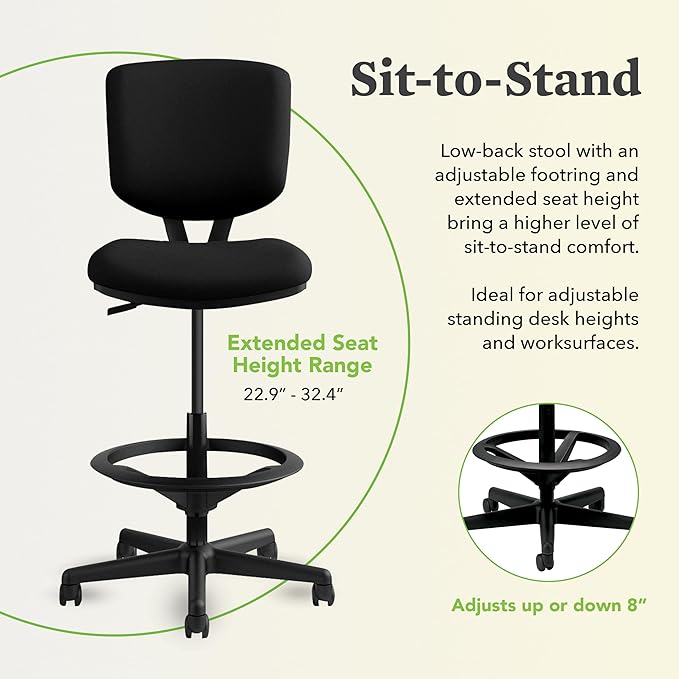 HON Volt Standing Desk Chair, Fabric Office Chair with Foot Rest, Armless, Ergonomic Recline and Center Tilt, for Computers, Offices, Work, Black