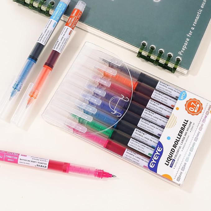 EYEYE 8 Assorted Colors 1.0mm Rollerball Pens, Multicolor Bold Point Pen Quick Dry, Liquid Ink Pen Fine Point Smooth Writing Pens for Journaling, Note Taking, Office, School, Doodling & Gifts
