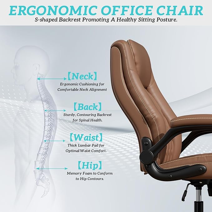 GYI O205P High Back Executive Office Chair, Big and Tall Office Chair 400LBS with Rubber Wheels,Ergonomic Adjustable Computer Desk Chairs with Padded Flip-up Armrests,Lumbar Support (Brown)
