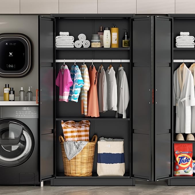 Greenvelly Metal Wardrobe Cabinet, 72" Black Armoire Metal Wardrobe Closet for Hanging Clothes with Wooden Handle, Modern Clothes Cabinet for Home, Office,Bedroom, School,Gym