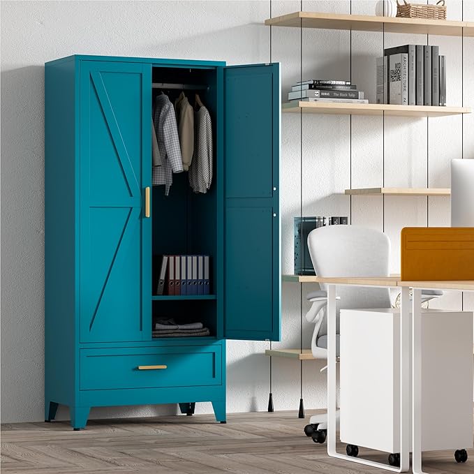 71'' Farmhouse Metal Wardrobe Cabinet with Hanging Rod, 2 Barn Door Wardrobe Closet with Adjustable Shelves,Drawer,for Dining Room,Bedroom,Living Room, Cloak Room,Office (Peacock Blue)