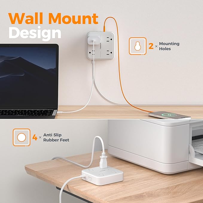 Flat Plug Extension Cord 5 Ft, TESSAN Surge Protector Power Strip Ring Pull with 3 USB (1 USB C) 4 Outlets, 900 Joules Protection, Desktop Charging Station for Home, Office, College, Dorm Room, Gray
