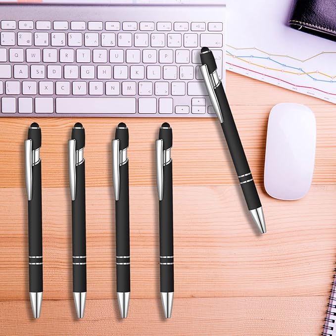 12 Pcs Blue Ink Ballpoint Pen with Stylus Tip, 1.0 mm Metal Pen Stylus Pen for Touch Screens, 2 in 1 Thank You Pen Gift for Friends, Colleagues, Coworker, Office, Family (Black)