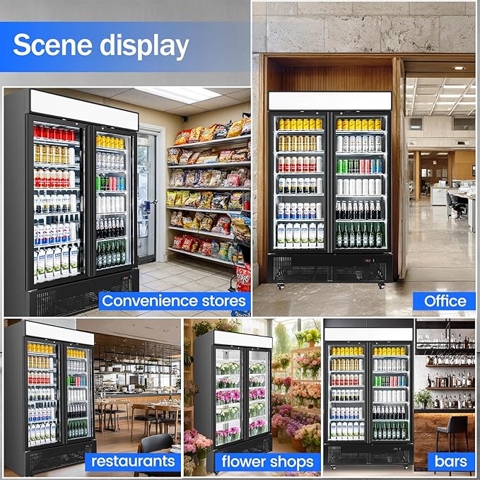 Commercial Merchandiser Display Refrigerator 40 Cu.ft. with 2 Glass Doors ETL Drink Cooler Beverage Fridge for Bars,Restaurants, Convenience Stores, Supermarkets and Offices