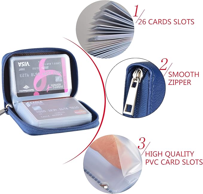 Easyoulife Genuine Leather Credit Card Holder Zipper Wallet With 26 Card Slots