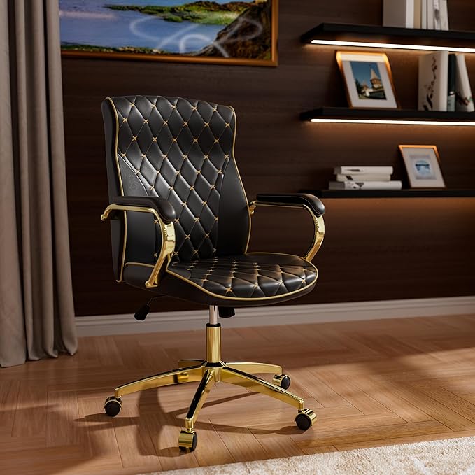 Black and Gold Office Chair with Soft Leather Embroidery, Mid Back Vintage Swivel Executive Desk Chair with Wheels and Padded Arms, Adjustable Height