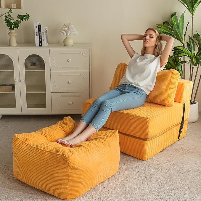 HIGOGOGO Square Stuffed Pouf Ottoman, Corduroy Poufs with Foam Chunk Filling, Furry and Fluffy Pouf Foot Stool Storage Ottoman, 25.6 X 25.6 Floor Poufs Foot Rest for Living Room, Orange