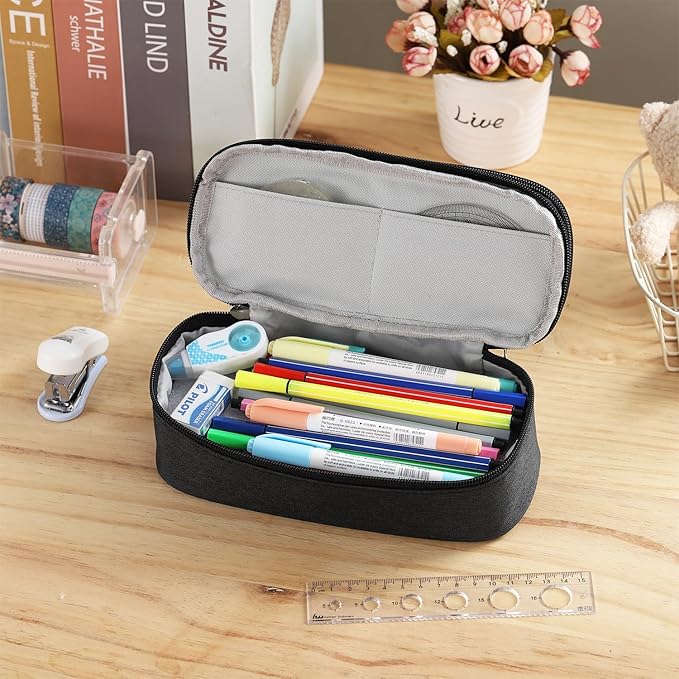 Dugio Large Pencil Case for Boys Teens Kids Pencil Bag with Zipper Pencil Pouch Aesthetic Pencil Pen Case Organizer for School Black