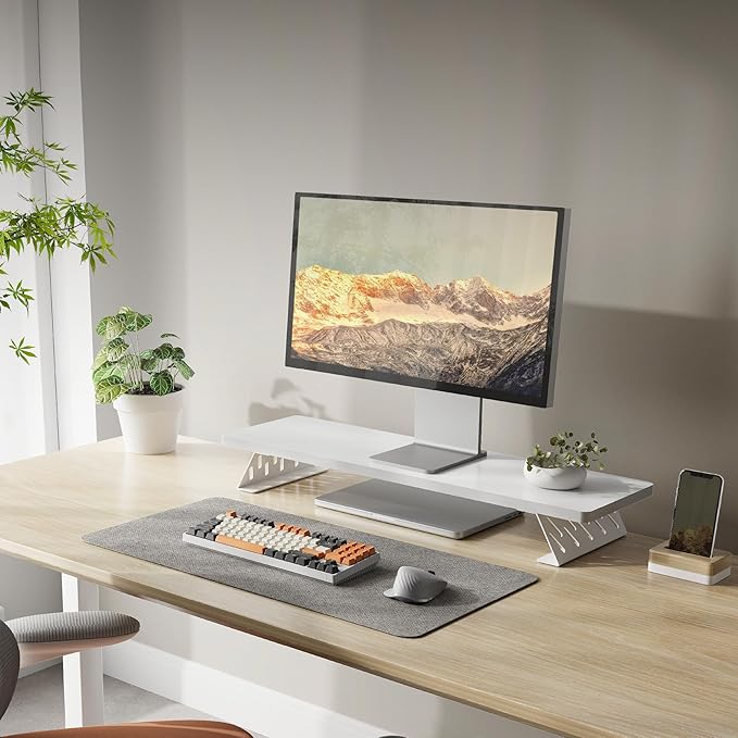 Fenge Monitor Stand Riser, Desk Top Shelf for 2 Monitors, Computer Stands for Desk, Wood & Steel Desktop Riser for Laptop, PC, Printer