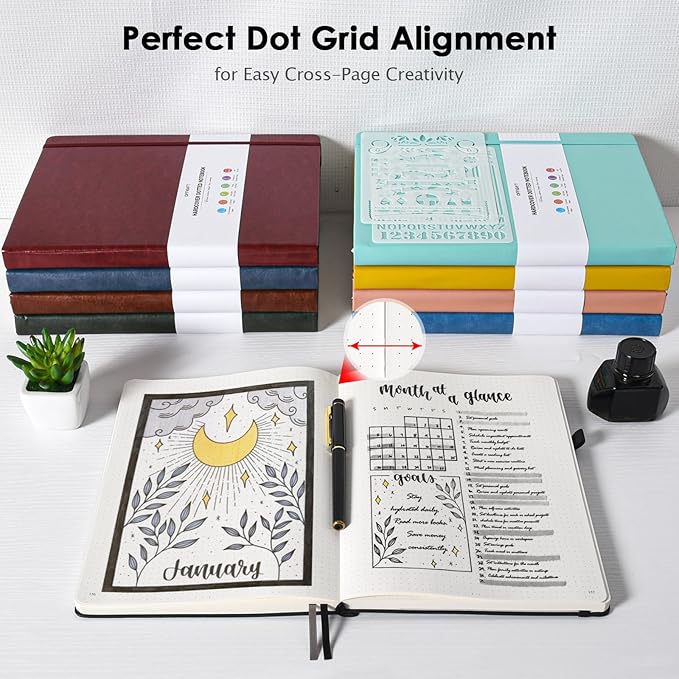 Dotted Journal Notebook, 312 Numbered Pages Large B5 Hardcover Leather Notebook, 100gsm No Bleed Paper Dot Grid Notebook with Index Pages, Dot Journal for Women Men, 7.6'' X 10'', Black