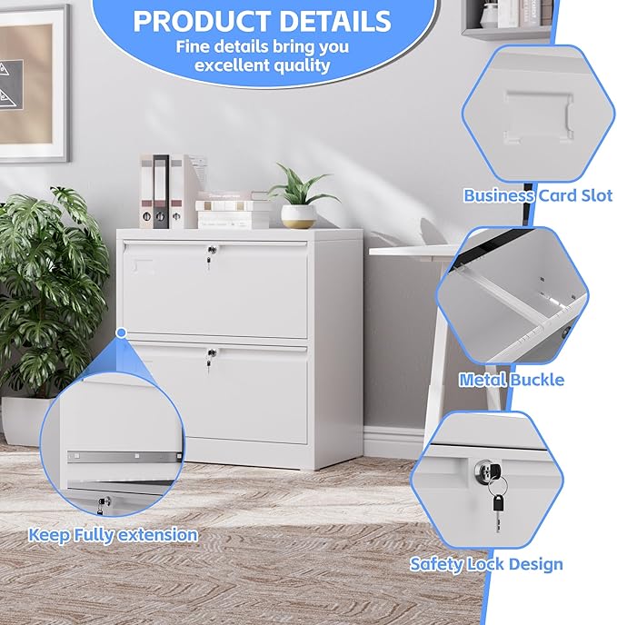 Aobabo 2 Drawer Wide Lateral File Cabinet, Metal Filing Cabinet with Lock, Suitable for Home Office School Hanging Files Letter/Legal/F4/A4 Size,White,Required-Assembly,15.87" D x 28.94" W x 30.24" H