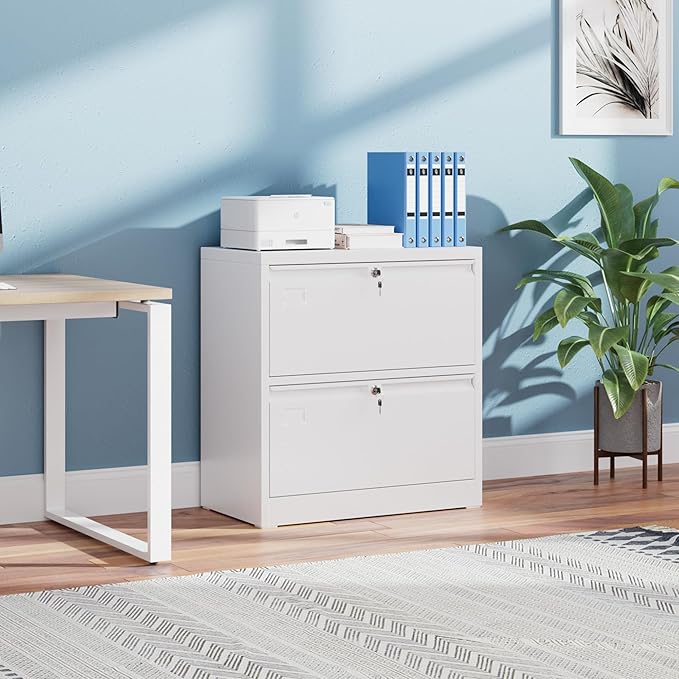 2 Drawer Lateral File Cabinet, Metal Wide Filing Cabinet with Independent Locks, Home Office Furniture for Hanging Files Letter/Legal/F4/A4 Size, Assembly Required, White