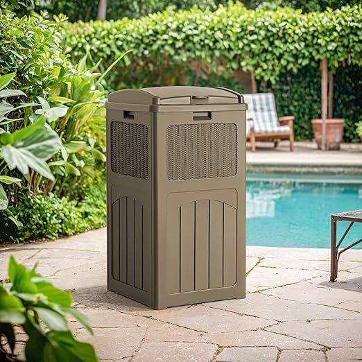 Flamaker 30 Gallon Trash Can, Resin Outdoor Garbage Can with Lid, Waterproof Hideaway Patio Waste Bins for Outside Use (Brown)