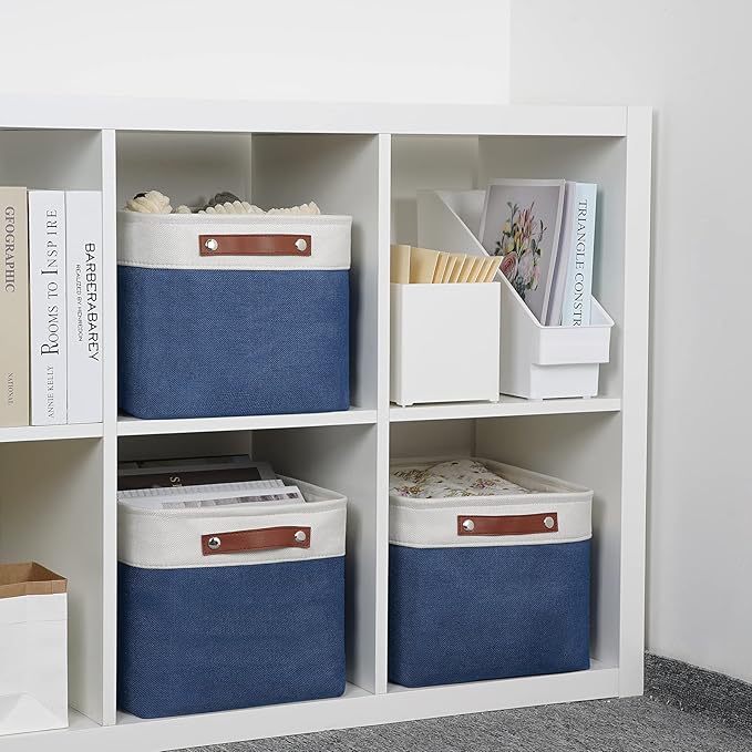 DULLEMELO Fabric Storage Bins, Foldable Storage Baskets for Organizing, Empty Gift Baskets (3-Pack Medium-15 inch X 11 inch X 9.5 inch , White&Blue)