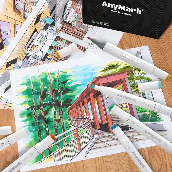 AnyMark Alcohol Markers Brush Tip, 80+1 Colors Dual Tip Brush & Chisel Alcohol-Based Art Markers Set with Case for Adult Artists Drawing Coloring
