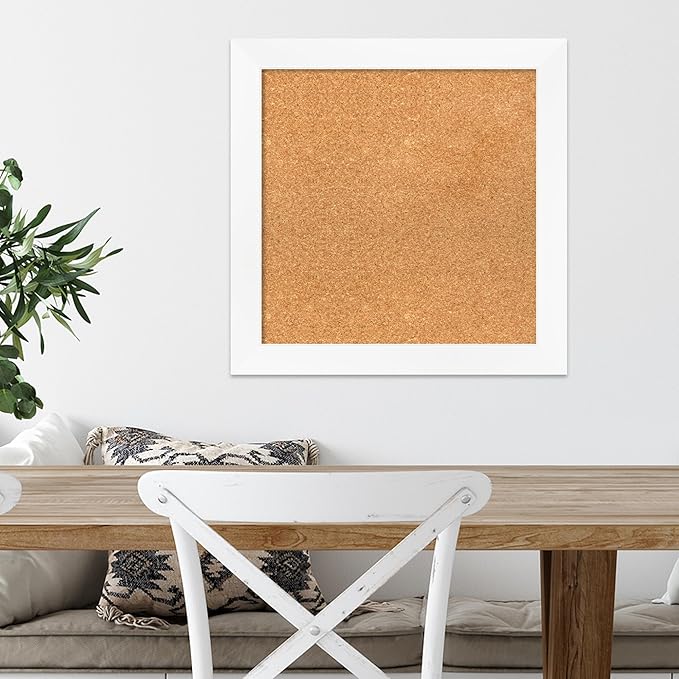 Amanti Art Natural Cork Board for Wall, 21x21 Vision Board with White Frame, Small Corkboard Office Decor for Home Organization, Modern Corkboard Pinboard to Display Items for Home Organization in
