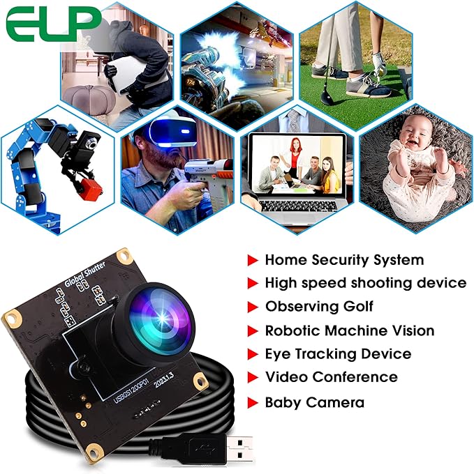ELP High Speed Wide Angle Global Shutter USB Camera Module for Computer 1080P Mini UVC USB2.0 Webcam Board with 110degree No Distortion Lens AR0234 High Frame 90fps Web PC Camera Board for Laptop