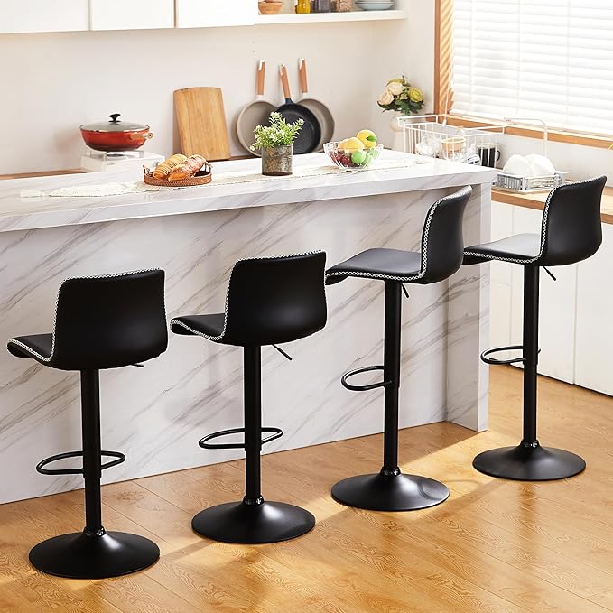 HeuGah Bar Stools Set of 6, Swivel Counter Height Barstools with Back, Adjustable Height 24" to 32", Black Faux Leather Bar Chairs for Kitchen Island (Black, Set of 6 (24'' to 32''))