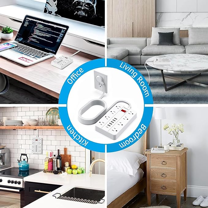 Flat Plug Extension Cord 15 Ft, SMNICE Surge Protector Power Strip with 8 Widely Spaced Outlets and 6 USB(1USB C) Ports, Wall Mount Long Charging Station for Dorm Home, Office Accessories, White