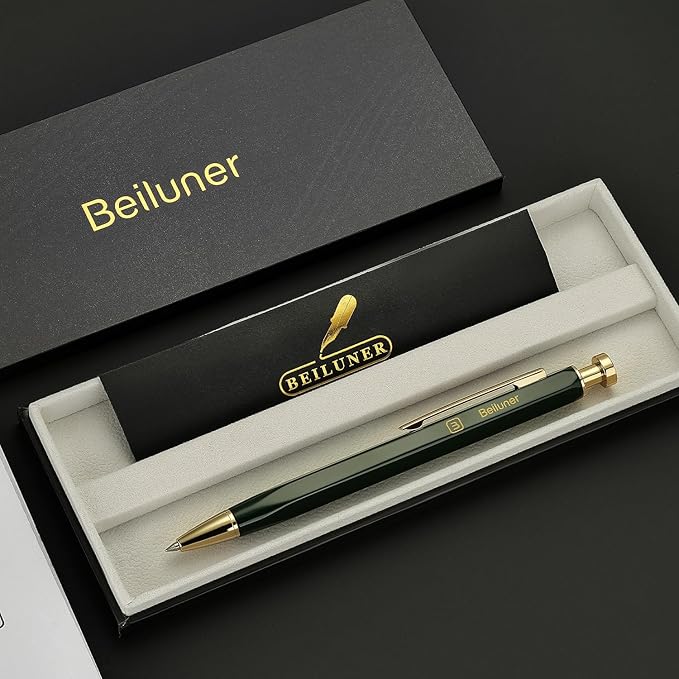 BEILUNER 312 Metal Gel Pen 0.5mm, Hexagonal Design, Green Piano Lacquer with 24K Gold Plated Accents, Includes One Refill, Professional Gel Pen Gift Box Set