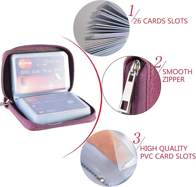 Easyoulife Genuine Leather Credit Card Holder Zipper Wallet With 26 Card Slots