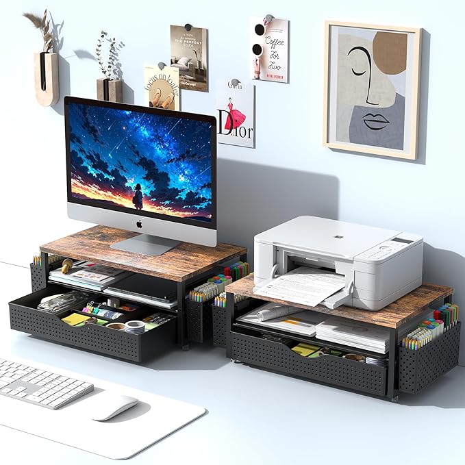 Desk Organizer and Accessories, Computer Monitor Stand Riser with Drawer and 2 Pen Holders, Office Desk Accessories & Workspace Organizers for Office Supplies (Wood)