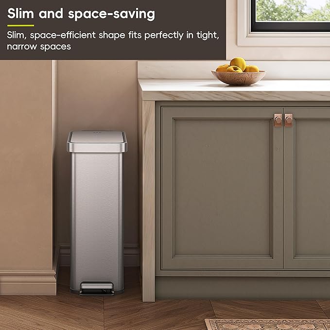 EKO Hudson Slim 50L / 13.2 Gallon Kitchen Trash Can with Lid, Stainless Steel Step Garbage Can for Kitchen or Home, Space-Saving Garbage Can with Soft Close Lid, Stay-Open, Liner Ring, Handle