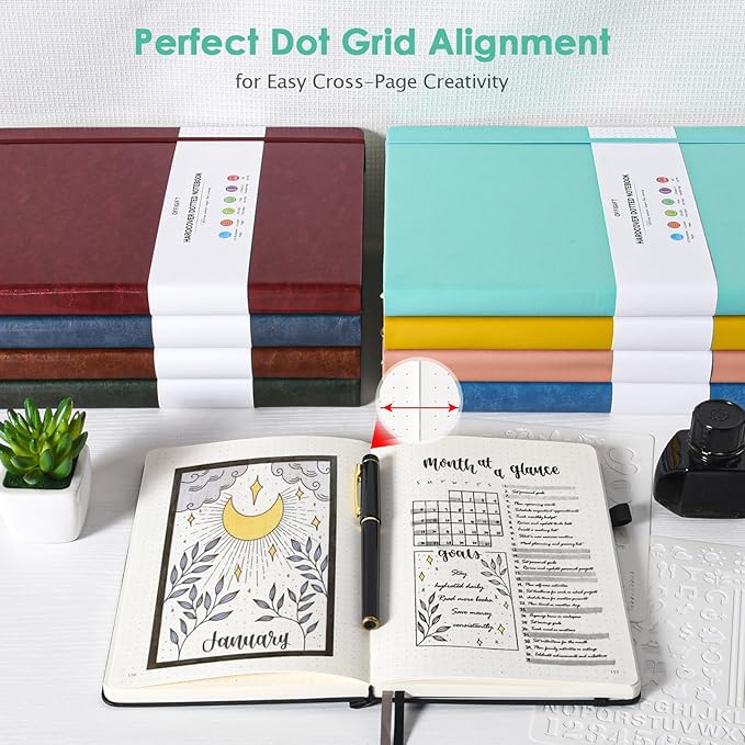 5 Pack Bullet Dotted Journal Notebook, 312 Numbered Pages Dot Grid Notebooks Bulk, 100gsm No Bleed Paper Hardcover Leather Journal, Dot Journal Notebook Set for Women Men School Office, A5, Multicolor